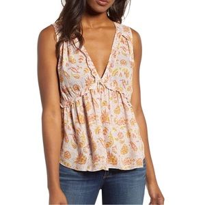 Lucky Brand Sleeveless Ruffle Floral Romantic Deep V-Neck Tank Top, Size M